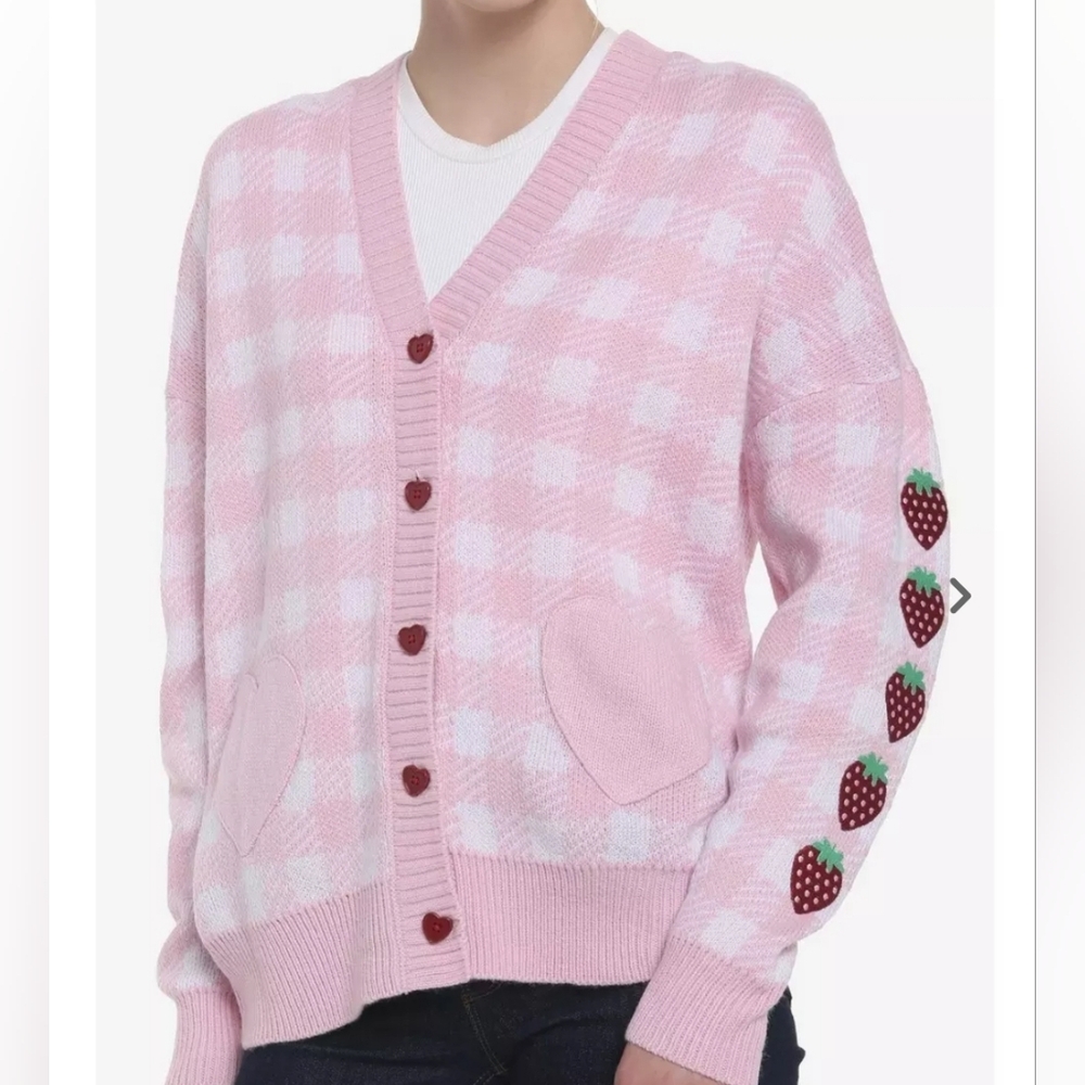 Pink Gingham Strawberry Heart Oversized Cardigan
